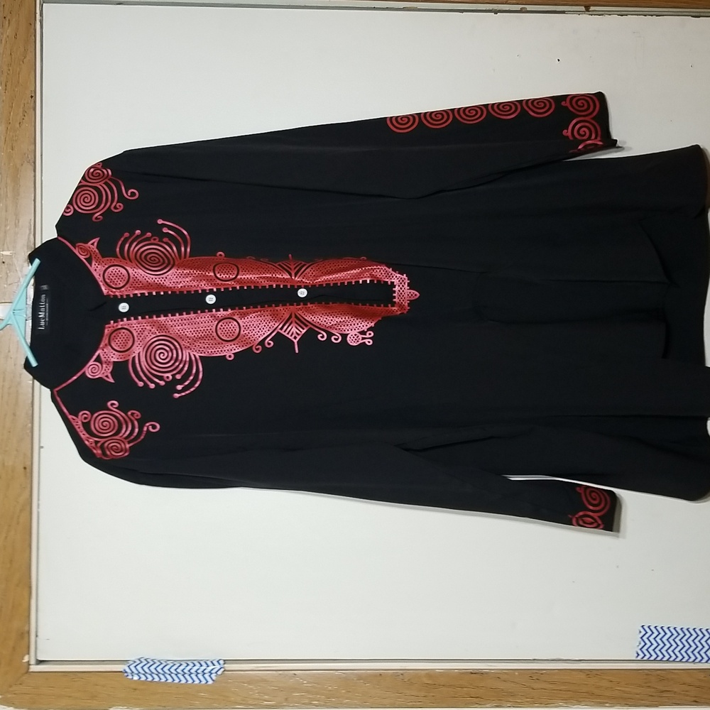 LucMatton Men's Outfit Long Sleeve Red Print Traditional Tunic Shirt( NEW)
